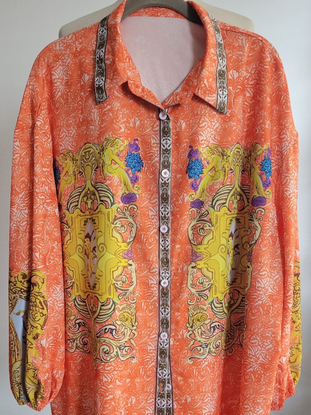 Unbranded Orange Baroque-Style Printed Balloon Blouse (Size: 2X)
